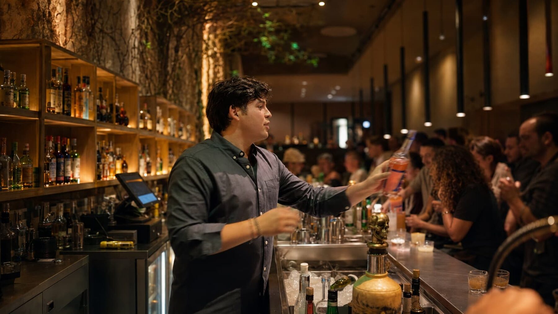 Bartender serving guests at a warmly lit cocktail bar